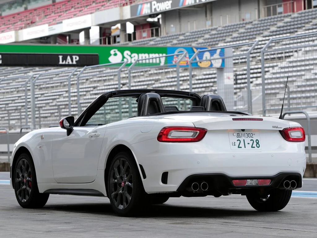 Фото Abarth 124 Spider (2020) — вид сзади, фото 2. Задняя часть крупно: ширина кормы и выпускная система Abarth 124 Spider (2020) — вид сзади, фото 2