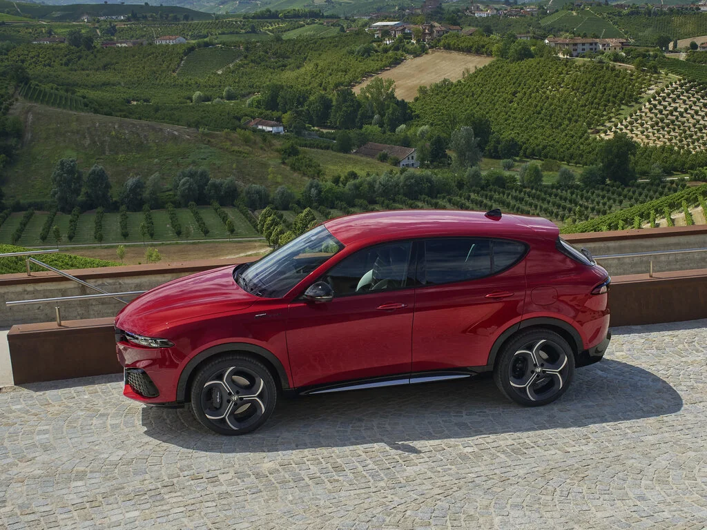 Фото Alfa Romeo Tonale (2023) — вид сверху. Сверху видно остекление крыши и рейлинги Alfa Romeo Tonale (2023) — вид сверху