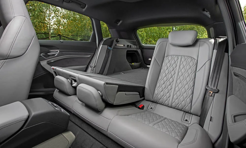 Фото Audi e-tron — задние сиденья, фото 2. Посадка второго ряда: подголовники и подлокотник Audi e-tron — задние сиденья, фото 2
