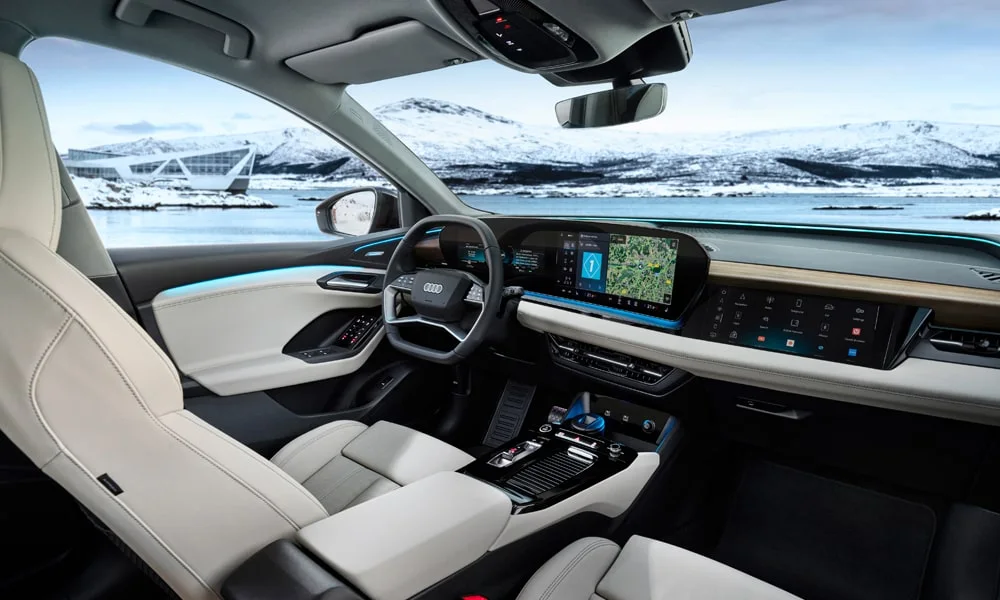 Фото Audi Q6 e-tron (2024) — интерьер, фото 3. Общий план салона: архитектура панели, консоль и кресла Audi Q6 e-tron (2024) — интерьер, фото 3