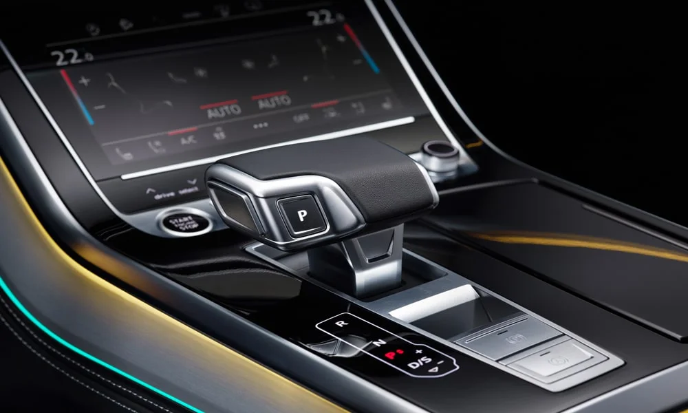 Фото Audi SQ8 (2024) — селектор коробки передач, фото 2. Управление коробкой: компактный селектор освобождает место на тоннеле Audi SQ8 (2024) — селектор коробки передач, фото 2