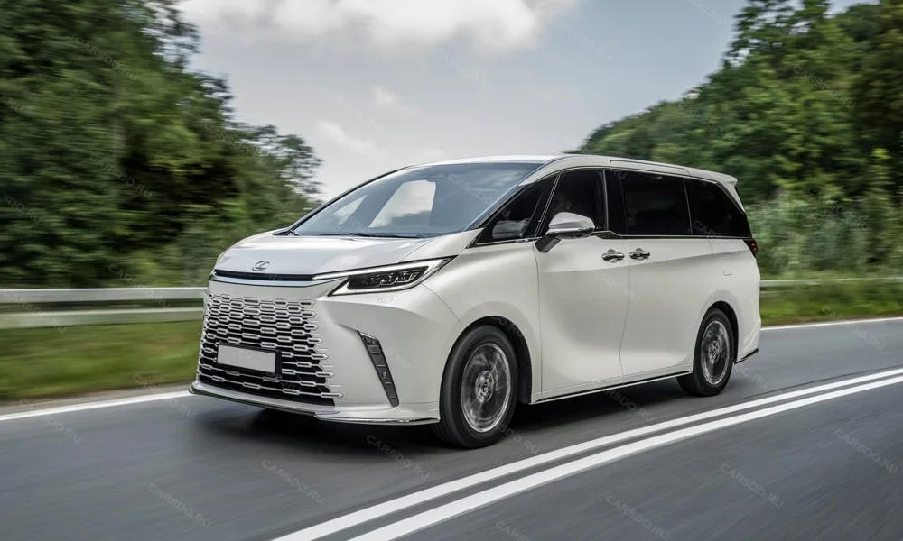 Фото Lexus LM 350 (2024) — вид спереди, фото 2. Передок в белом исполнении — крупная светотехника и выразительный бампер Lexus LM 350 (2024) — вид спереди, фото 2