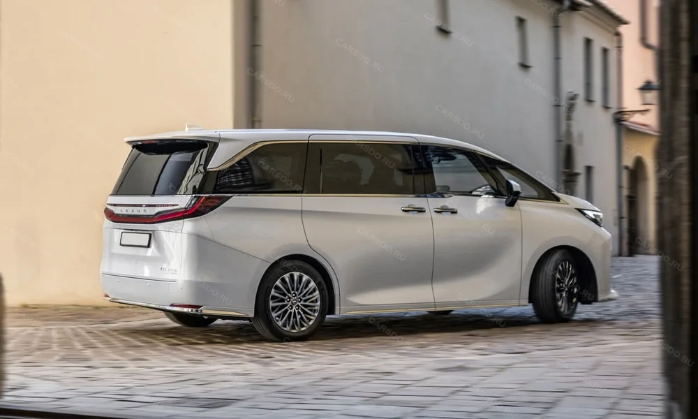 Фото Lexus LM 350 (2024) — вид сзади, фото 5. Графика фонарей, бампер и оформление пятой двери. Светодиодная полоса или раздельные секции — задняя оптика стала главным украшением кормы Lexus LM 350 (2024) — вид сзади, фото 5