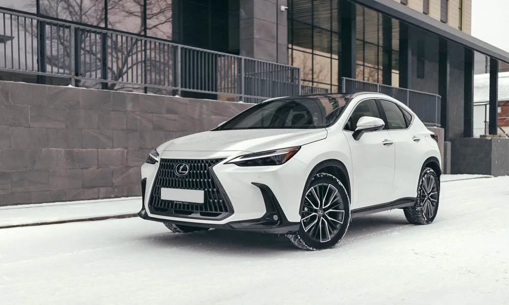 Фото Lexus NX 250 — вид спереди, фото 6. Белый кузов, строгая симметрия оптики — базовый ракурс знакомства с дизайном. Дневные ходовые огни включаются автоматически с запуском Lexus NX 250 — вид спереди, фото 6
