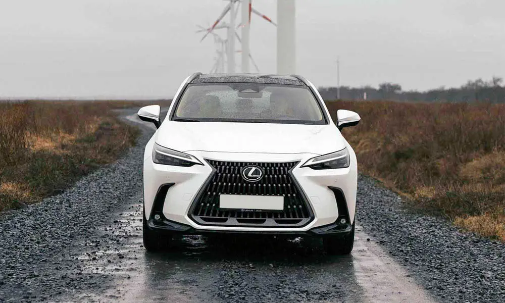 Фото Lexus NX 250 — вид спереди, фото 9. Передок в белом исполнении — крупная светотехника и выразительный бампер. Рисунок ходовых огней — подпись модели, по нему её узнают в потоке Lexus NX 250 — вид спереди, фото 9