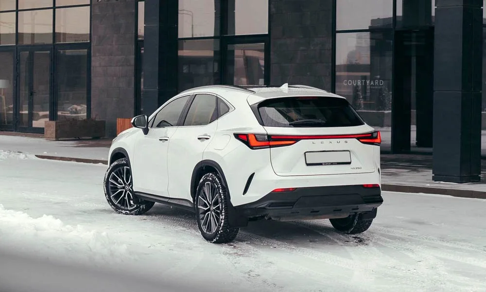 Фото Lexus NX 250 — вид сзади, фото 7. Корма в белом цвете: графика фонарей и пластика пятой двери Lexus NX 250 — вид сзади, фото 7