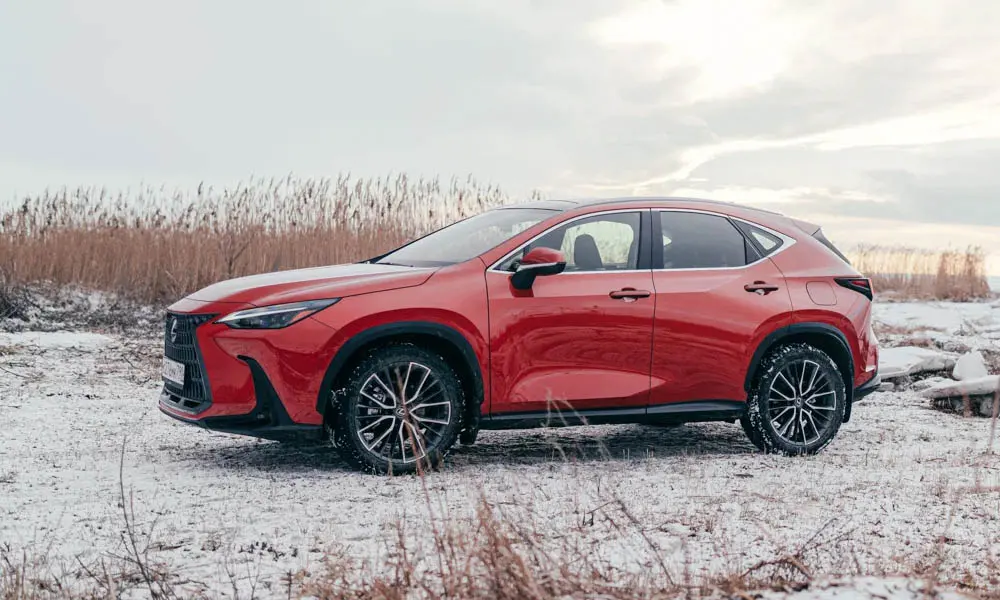 Фото Lexus NX 250 — вид сбоку. Сбоку читаются линия остекления и характер выштамповок на красном кузове. Длинная база — простор второго ряда; короткие свесы упрощают парковку Lexus NX 250 — вид сбоку
