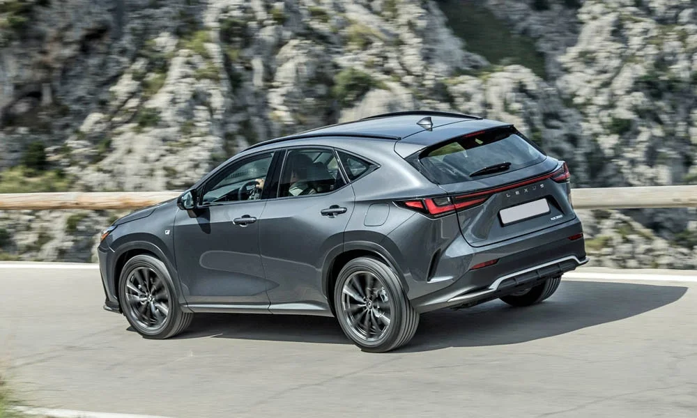 Фото Lexus NX 350 — вид сзади, фото 5. Линия крыши, стойки и задняя дверь в сером исполнении Lexus NX 350 — вид сзади, фото 5