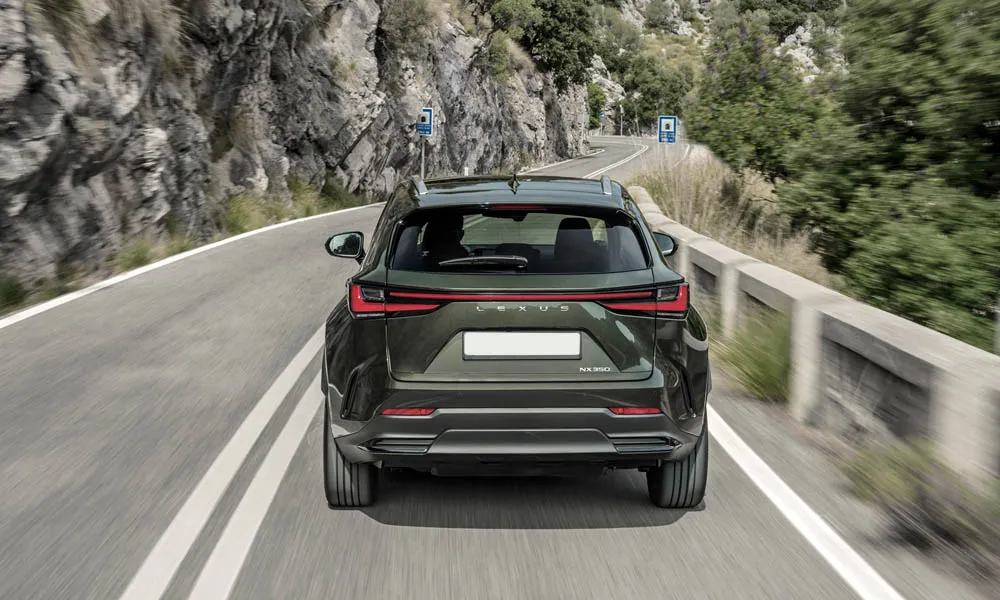 Фото Lexus NX 350 — вид сзади, фото 6. Корма в чёрном цвете: графика фонарей и пластика пятой двери Lexus NX 350 — вид сзади, фото 6