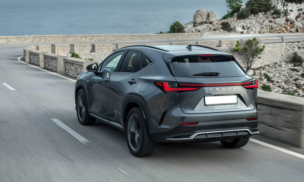 Фото Lexus NX 450h (2024) — вид сзади, фото 8. Линия крыши, стойки и задняя дверь в сером исполнении Lexus NX 450h (2024) — вид сзади, фото 8