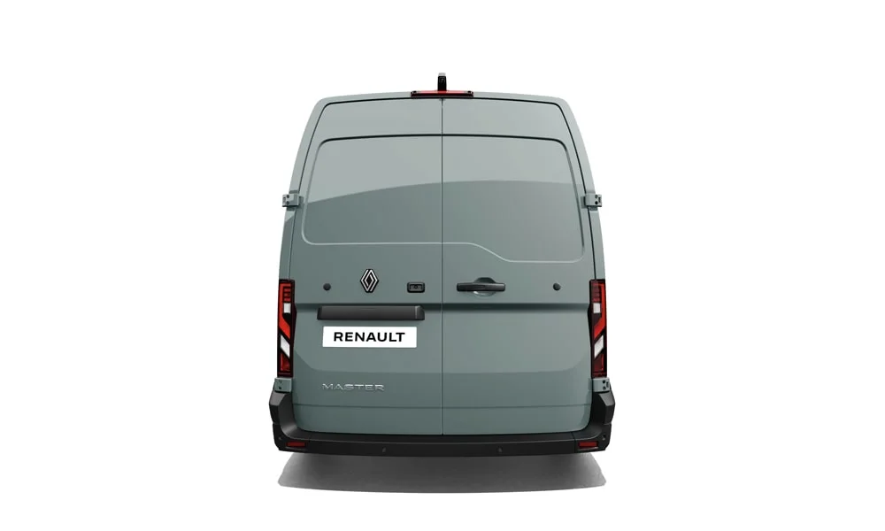 Фото Renault Master (2024) — вид сзади, фото 7. Корма в сером цвете: графика фонарей и пластика пятой двери. Насадки выхлопа или их имитация внизу бампера различают версии Renault Master (2024) — вид сзади, фото 7