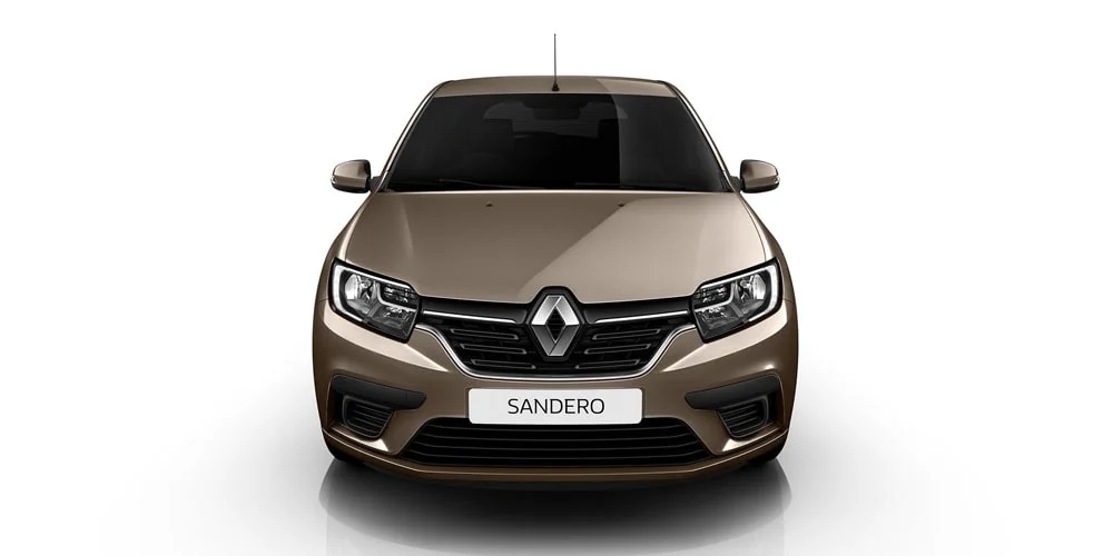Фото Renault Sandero — вид спереди, фото 4. Коричневый кузов, строгая симметрия оптики — базовый ракурс знакомства с дизайном Renault Sandero — вид спереди, фото 4